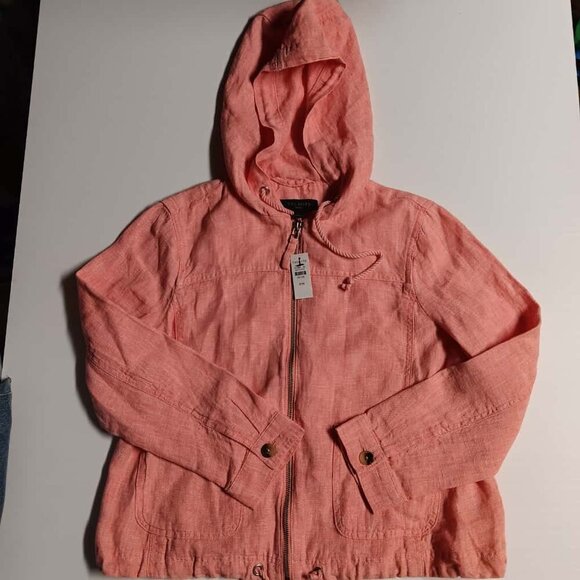 Talbots L Pink Linen Lightweight Jacket Mock Neck Shoulder Tabs Drawstring - Picture 1 of 7